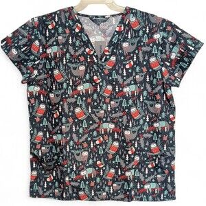 Festive Sloth Holiday Print Scrub Uniform Top Size Med NEW